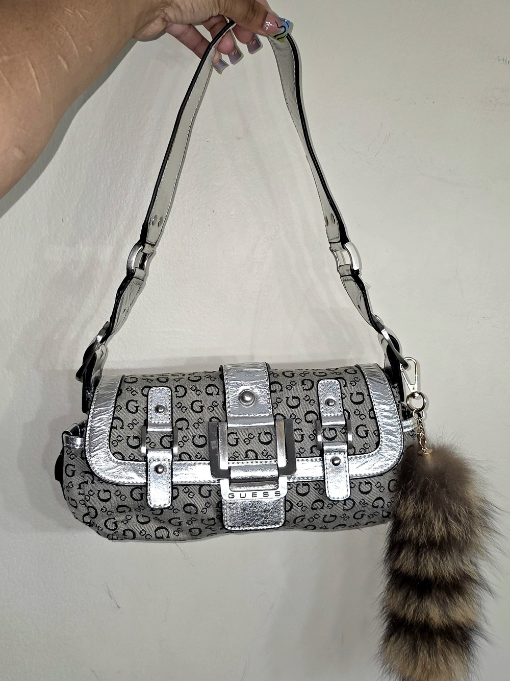 Y2k Vintage Guess Silver and Gray Logo Shoulder Bag